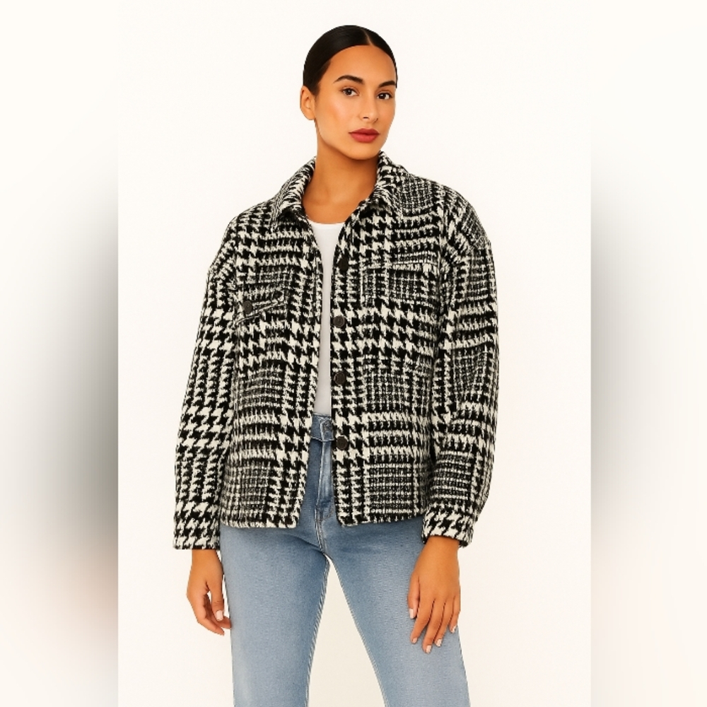 Houndstooth Black White Chunky Jacket XL Fully Lined Casual Chic Cabin Core